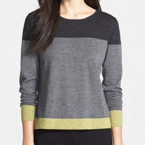 EILEEN FISHER Womens Black Knit Color Block Long Sleeve Crew Neck Sweater main image 1